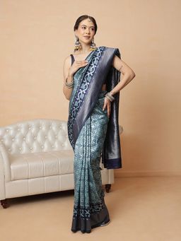 Silk Land - Blue Banarasi Silk Woven Saree with Unstitched Blouse