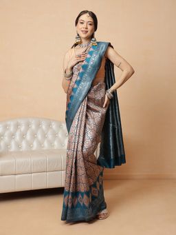 Silk Land - Peach Banarasi Silk Woven Saree with Unstitched Blouse