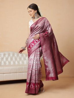 Silk Land - Pink Banarasi Silk Woven Saree with Unstitched Blouse