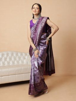 Silk Land - Purple Banarasi Silk Woven Saree with Unstitched Blouse