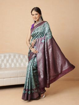Silk Land - Teal Banarasi Silk Woven Floral Saree with Unstitched Blouse