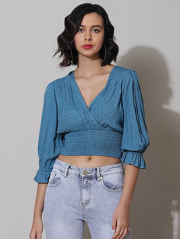 Label Ritu Kumar - V-Neck 3/4th Solid Short Top