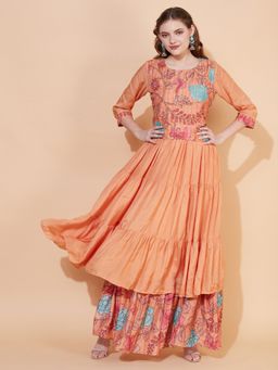 FASHOR - Floral Printed Hand Embroidered Tiered Flared Maxi Dress - Light Orange