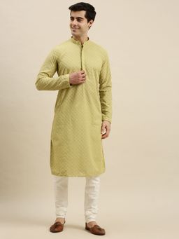 Sanwara - Mens Pista Green Chickenkari Long Sleeve Cotton Designer Kurta with Pyjama (Set of 2)