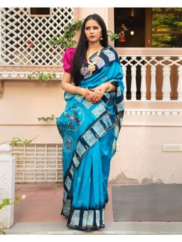 Mayurie - Ati Chanderi Batik Print Saree with Unstitched Blouse, Turquoise