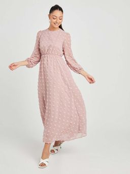 Styli - Pink Dobby Long Sleeves A-line Maxi Dress