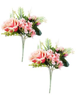 Tayhaa - Red & Green 2 Pieces Rose Artificial Flower