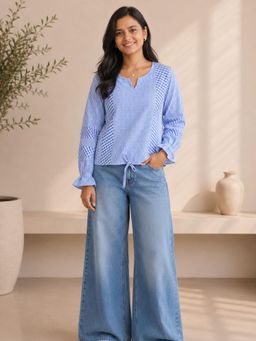 MYSHKA - Women's Blue Checks Full Sleeves Cotton Drawstring Top