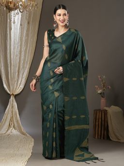 Akhilam - Womens Silk Blend Green Woven Designer Saree with Unstitched Blouse