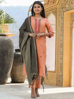 Jaipur Kurti - Camel Peach Silk Kurta with Pants and Brocade Dupatta (Set of 3)