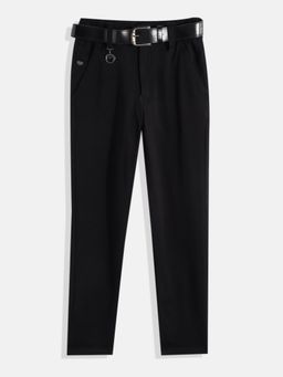 CAVIO - Black Cotton Blend Solid Trouser With Belt
