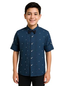 CHARCHIT - Navy Blue Cotton Geometric Shirt With Bow