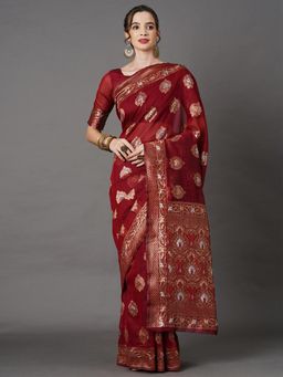 Akhilam - Women Linen Rust Woven Design Saree with Unstitched Blouse Piece
