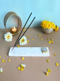 Homearte - Marble With Agate Agarbatti Stand Puja Incense Stick Holder- White