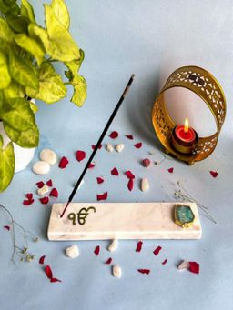 Homearte - Marble With Agate Ik Onkar Agarbatti Stand Puja Incense Stick Holder- Green