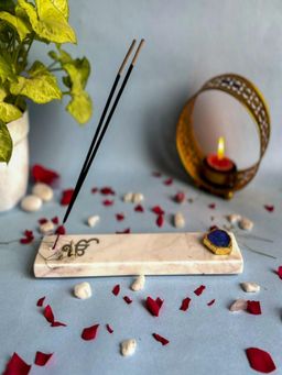 Homearte - Marble With Agate Ik Onkar Agarbatti Stand Puja Incense Stick Holder- Blue