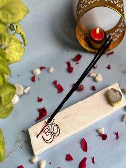 Homearte - Marble With Agate Om Agarbatti Stand Puja Incense Stick Holder- Natural White