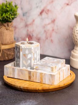 Homearte - Mother of Pearl Tealight Holder with Tray and Small Box (Pack of 3)