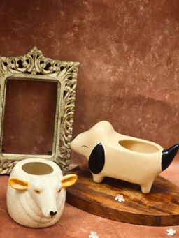 WEAVING HOMES - Cutest Dog & Cow Planter Combo With White & Yellow Color