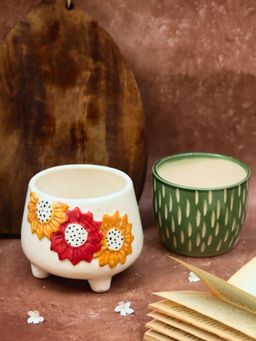 WEAVING HOMES - Floral Bliss & Etching Green Planter With White & Green Color