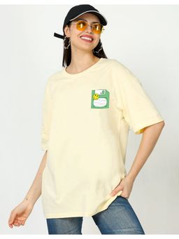 JUNEBERRY - Women Beige Graphic Printed Cotton Round Neck Half Sleeve Oversized T-Shirt