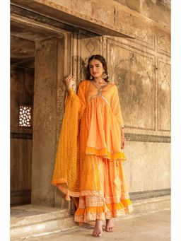 Scakhi - Yellow Modal Chanderi Bandhani Gota Peplum Kurti Sharara Dupatta (Set of 3)