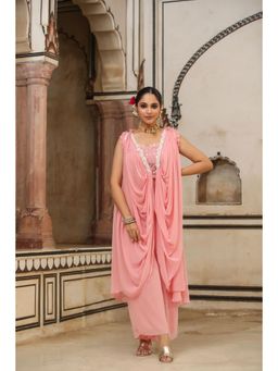 Scakhi - Peach Georgette Embroidered Choli with Palazzo and Pleated Overlay Cape (Set of 3)