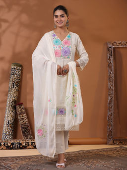 FASHOR - Floral Embroidered Kurta with Pant & Dupatta - Off White (Set of 3)