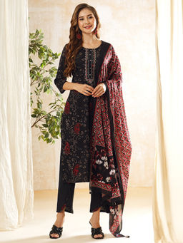 FASHOR - Ethnic Printed Kurta with Pant & Dupatta - Black & Red (Set of 3)