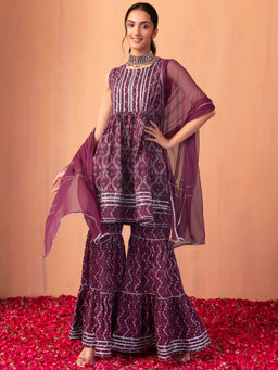 Indya - Wine Floral Boota Print Cotton Sharara with Kurta and Dupatta (Set of 3)