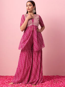 Indya - Pink Floral Stripe Print Palazzo and Embroidered Kurta (Set of 2)