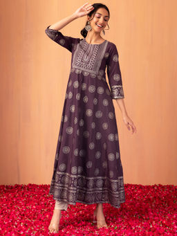 Indya - Purple Boota Foil Print Embroidered Dress