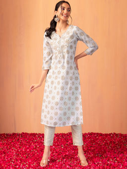 Indya - White Foil Print Sequin Embroidered Kurta