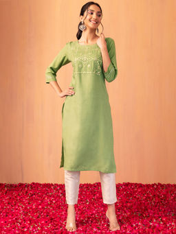 Indya - Lime Green Mirror and Thread Embroidered Straight Kurta