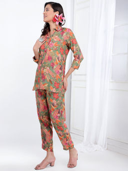 Bani Women - Floral Printed Womens Co-Ord Tunic with Trouser - Green (Set of 2)