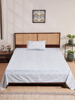 Fabindia - Blue Hand Block Cotton Printed Bed Sheet with 1 Pillow Cover (Single)