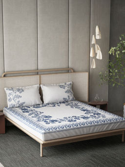 Ddecor Live Beautiful - Cotton Floral Blue 145Tc Bedsheet with 4 Pillow Covers (King)