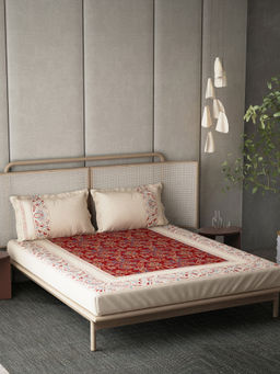 Ddecor Live Beautiful - Cotton Ethnic Red 145Tc Bedsheet with 4 Pillow Covers (King)