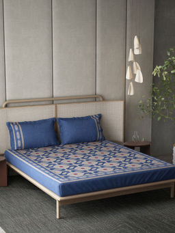 Ddecor Live Beautiful - Cotton Ethnic Blue 145Tc Bedsheet with 4 Pillow Covers (King)