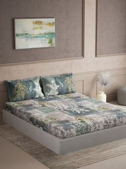 Ddecor Live Beautiful - Cotton Primary Blue Leaves 145Tc Bedsheet with 2 Pillow Covers (King)