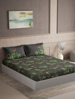 Ddecor Live Beautiful - Cotton Primary Grey Floral 145Tc Bedsheet with 2 Pillow Covers (King)