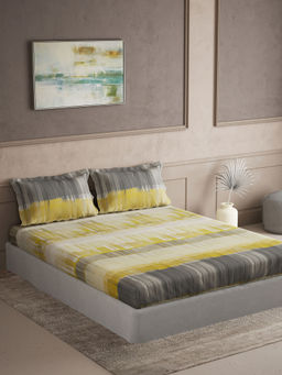 Ddecor Live Beautiful - Cotton Abstract Yellow 145Tc Fitted Bedsheet with 2 Pillow Covers (King)