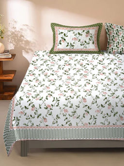 Eyda - White and Green Ethnic Printed Cotton Bedsheet with 2 Pillow Covers (King)
