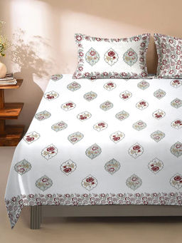 Eyda - White and Red Floral Printed Cotton Bedsheet with 2 Pillow Covers (King)