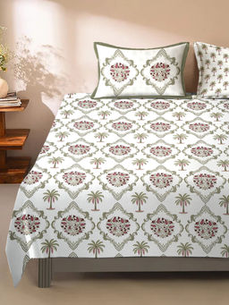 Eyda - White Floral Printed Cotton Bedsheet with 2 Pillow Covers (King)