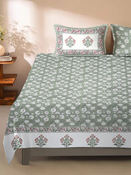 Eyda - Ethnic Printed Grey Bedsheet with 2 Pillow Covers (King)
