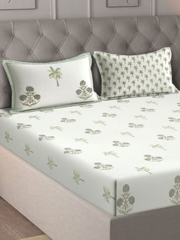 Eyda - Ethnic Printed Cream Cotton Bedsheet with 2 Pillow Covers (King)