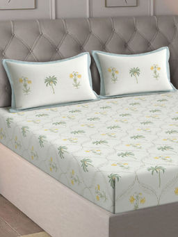 Eyda - Floral Printed Cream Cotton Bedsheet with 2 Pillow Covers (King)