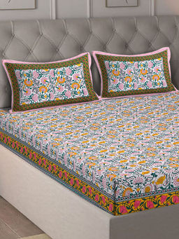 Eyda - Yellow Floral Printed Cotton Bedsheet with 2 Pillow Covers (King)
