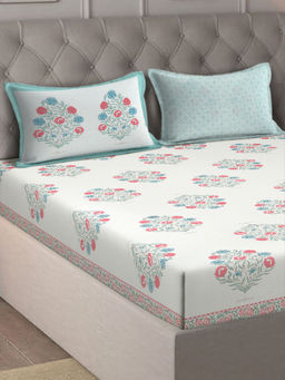 Eyda - White Floral Printed Cotton Bedsheet with 2 Pillow Covers (King)